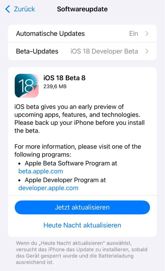 秦州苹果手机维修分享苹果 iOS / iPadOS 18 开发者预览版 Beta 8 发布 